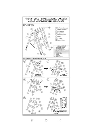 Pinus Stools Katlanabilir Ahşap Mutfak Merdiveni - 3 Basamaklı Boy Uzatan Tabure 75 Cm