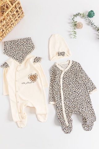 Leopar Desenli 2'Li Uzun Kollu Kız Bebek Tulum Takım 001
