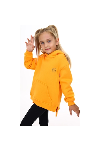 Toontoy Kız Çocuk Oversize Kapüşonlu Cepli Nakış Baskılı Yırtmaçlı Sweatshirt - 3 İplik Şardonlu Hardal