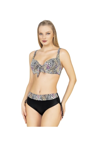 Endeep Kadın Büyük Beden Balenli Destekli Renkli Leopar Desenli Bikini Takımı Pembe-gri