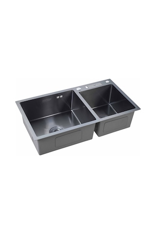 Sun Serisi %100 Krom 82x45 İki Göz Bıçak Yuvalı Paslanmaz Mutfak Eviyesi, Mutfak Lavabosu Siyah-düz