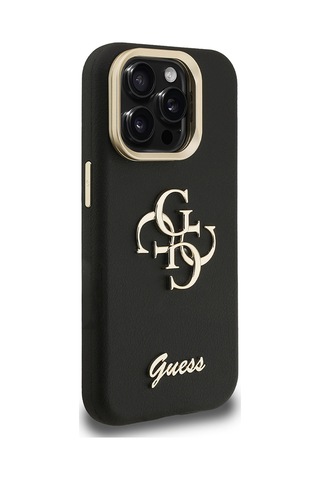 Apple iPhone 15 Pro Max Uyumlu Kılıf Guess Lisanslı Grained Yazı Logolu Kamera Standlı Kapak Siyah