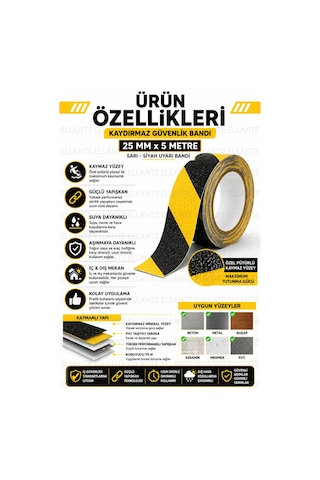 Kaydırmaz Güvenlik Bandı 25 Mm X 5 Metre Sarı Siyah Güçlü Yapışkanlı Merdiven Rampa Zemin Kaydırmaz