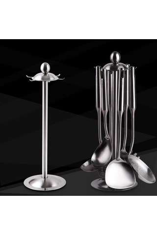 Paslanmaz Çelik Mutfak Eşyaları Tutucu Standı Raf Organizatör 360 Derece Dönen Carousel 6 Hooks Kaşık Dayanıklı Ve Amp Tencere Klipleri -