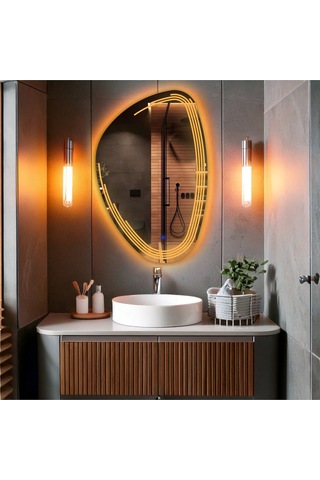 Fractura Asimetrik Led'li Kumlamalı Lavabo & Banyo Aynası Dokunmatik Sensörlü 80 X 50 Cm Turuncu