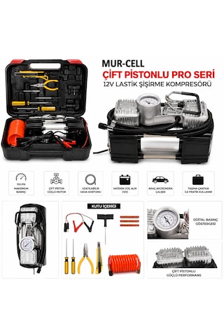 Mur-cell Çift Pistonlu Pro Seri 12v Lastik Şişirme Kompresörü Seti Hava Pompası