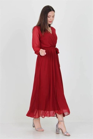 Neşeli Butik Kadın Bordo Yeni Sezon Astarlı Kruvaze Yaka Uzun Şifon Elbise Nb003 Bordo