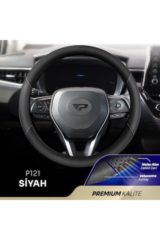 Panda Oto Direksiyon Kılıfı - Delikli Deri / Velucantra Kumaş-siyah