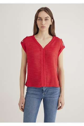 Mavi - V Yaka Kırmızı Bluz 122504-30648