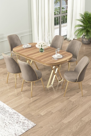 Canisa Lai Serisi 90x168 Lak Panel Hazar Gold Ayak Masa Takımı 6 Cappucino Sandalye Hazar Masa Cappucino Sandalye Ayaklar Gold
