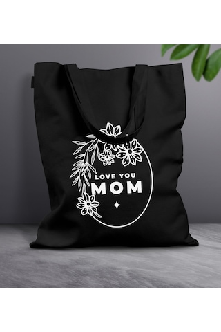 Bk Gift Anneler Günü Tasarımlı Siyah Kumaş Bez Çanta, Baskılı Omuz Çantası, Alışveriş Çantası, Anneler Günü Hediyesi, Anneye Hediye-4 Siyah