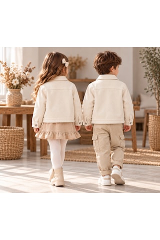 Tucankids Kız Erkek Çocuk Unisex Ham Kadife Ceket Cepli Düğmeli Mevsimlik Çocuk Ceketi Bej