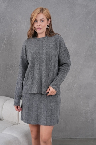 Kadın Bisiklet Yaka Saç Örgü Kazak Etek İkili Triko Takım Antrasit