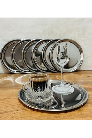 6 Adet Lüx Gümüş Paslanmaz Çelik Yuvarlak Çay,kahve,pasta Servis Tepsisi Sunum Tepsisi 21.5 Cm Çok Renkli