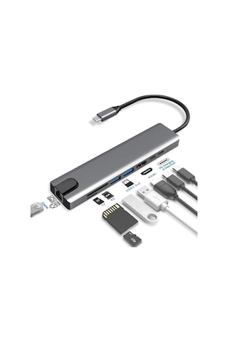 Maxgo 3008 8 in 1 USB Type-C HDMI USB Ethernet Pd Girişli Port Adaptör Hub