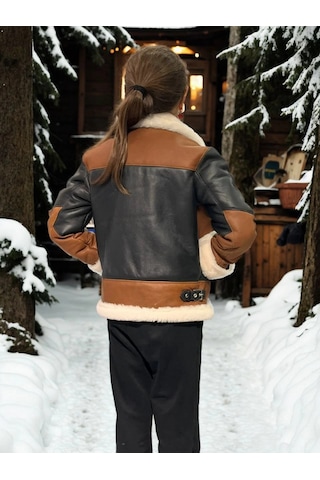 Çocuk Yakalı Parçalı Kürk - Kahve Çok Renkli