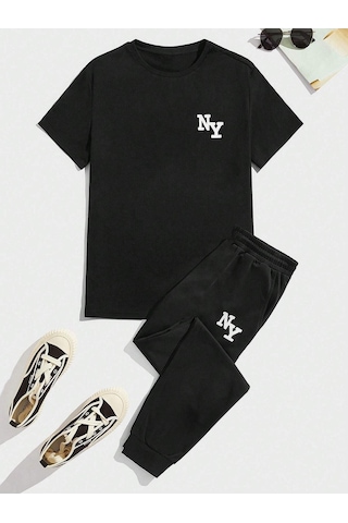Ny T-shirt Eşofman Altı Jogger - Siyah Baskılı Alt Üst Eşofman Takım Oversize Bisiklet Yaka Siyah