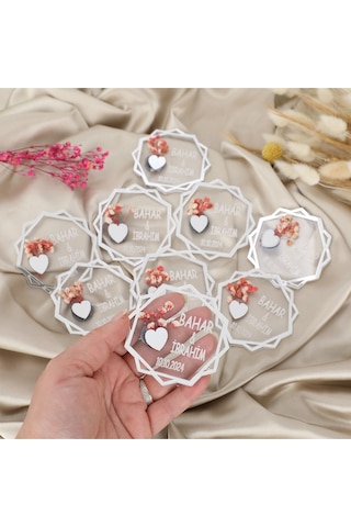 10 Lu Kişiye Özel Akrilik Magnet Nikah Şekeri - Gümüş Detaylı Çiçekli Tasarım