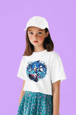 Sevbano Süper Sonic Baskılı Unisex Çizgi Film Çocuk Tişört 1-12 Yaş Beyaz