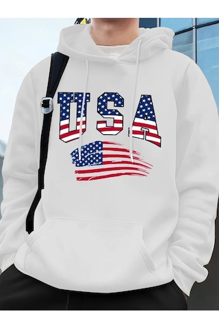 Startmore Tarzsokak Abd Amerika Bayrağı Baskı Erkek Tişörtü Kış Polar Sıcak Kapüşonlular Temelleri Büyük Boy Cep Beyaz