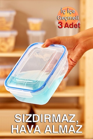 Lock&fresh Contalı Dikdörtgen Saklama Kabı 400, 800, 1400ml Üçlü Set Mavi