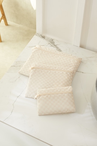 Ocean Home Textile 3'lü Su Geçirmez Pvc Astarlı Bej Dama Desen Islak Kuru Çantası 20 X 13 / 24 X 20 / 30 X 24 Cm