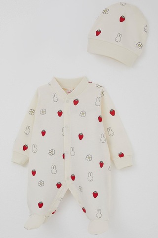 Breeze Kız Bebek Patikli Tulum Sevimli Tavşancık & Çilek Desenli 0-6 Ay, Ekru Ekru