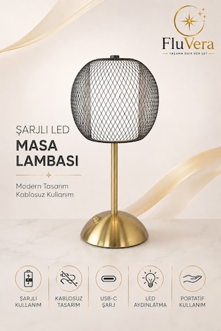 Şarjlı Siyah Telli Led Masa Lambası Kablosuz Dokunmatik Usb-c Taşınabilir Dekoratif Gece Lambası Siyah