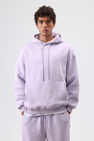 Vamos Basic Oversize Yıkamalı Hoodie Lila