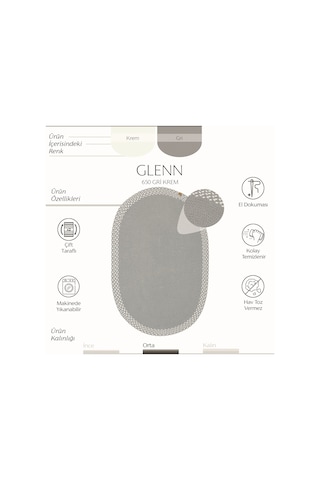 Cool Halı Glenn Gri Krem Oval Pamuklu Kilim El Dokuması Örgü Çift Taraflı Yıkanabilir Mutfak Kilimi
