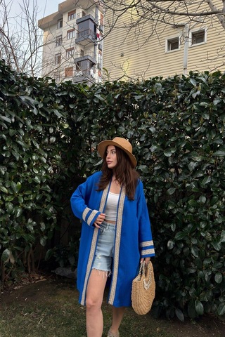 Kadın Saks Müslin Kumaş, Hasır Şerit Detaylı Salaş Kimono Ceket Saks