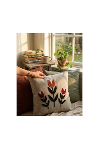 Punch Nakış Kırlent Kılıfı 2'li 40 Cm X 40 Cm Açık Kahverengi - Gri