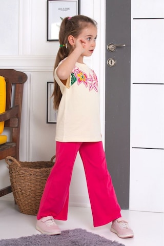 Tunays Shopping İspanyol Paça Tayt Pantolon Çiçek Baskılı Oversize Tshirt Kız Çocuk Alt Üst Takım Fuşya