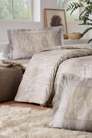 Özdilek Folha De Ouro Çift Kişilik Fitted Çarşaflı Nevresim Takımı Bej Bej