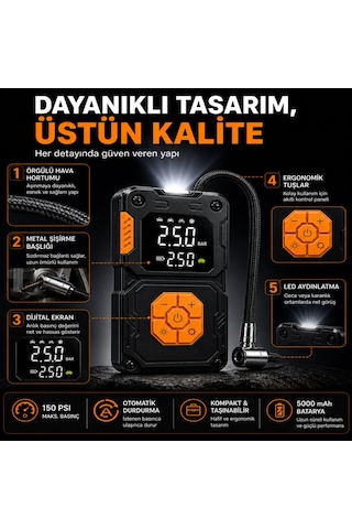 Taşınabilir Hava Kompresörü 150 Psı Dijital Ekranlı Lastik Şişirme Pompası 5000 Mah Powerbank Özellikli Araba Bisiklet Motor Top İçin Siyah