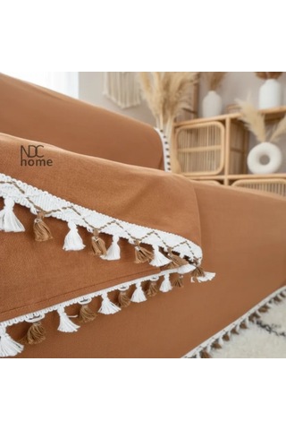 Premium Keten Tarçın Tarçın Ponponlu Koltuk Örtüsü 170 X 220 Tarçın