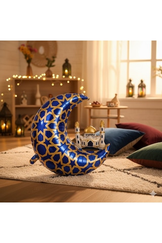 65 X 63 Cm Folyo Balon Mavi Gold Desenli Cami Figürlü Hilal - Ramazan Süs Balonu Çok Renkli