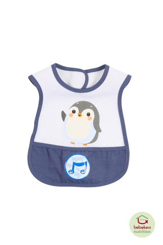 Düdüklü Cepli Sıvama Mama Önlüğü - Minik Penguen Bebek Önlüğü Koyu Mavi