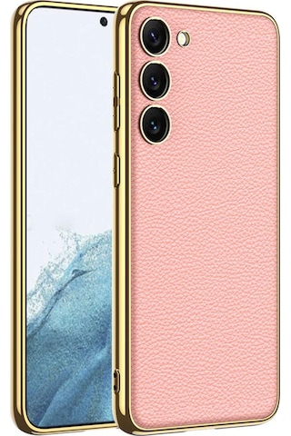Galaxy S23 Plus Kılıf Deri Görünümlü Kenarları Elektroplating Kaplama Zore Fizyon Kapak Pembe