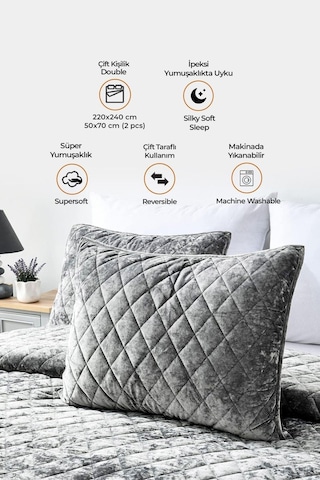Evlen Home Kapitone Kadife Yatak Örtüsü Seti Çift Kişilik Supersoft 3 Parça Yumuşak Elyaf Dolgulu Gri Gri