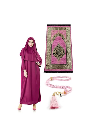 Tek Parça Namaz Elbisesi - Seccade - Tesbih - Ibadet Seti - Fuşya