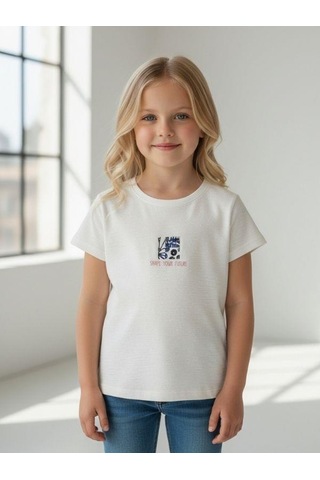 Zekids Kız Çocuk Pamuklu Baskılı T-shirt-16762 Ekru