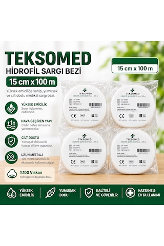 Teksomed Hidrofil Sargı Bezi 15 Cm X 100 Metre Yüksek Emici, Yumuşak Ve Hava Geçirgen 10 Adet