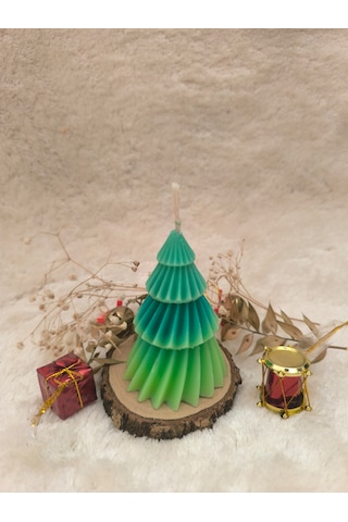 Çam Ağacı Desenli Yılbaşı Konseptli Dekoratif Mum, Geçişli Yeşil