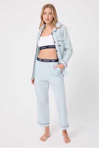 Lespadon Marısılk Seastrıpe Premium Dokuma Uzun Kollu Crop Pantolonlu Kadın Pijama & Lounge Takımı-3190 Yesil