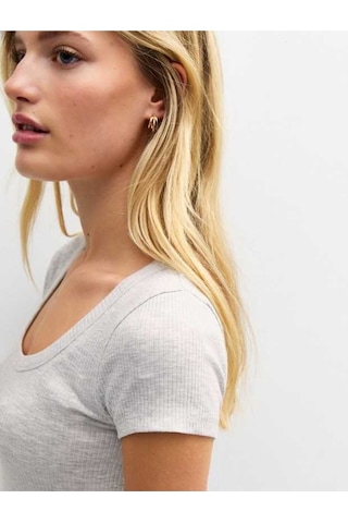 Rooted Kadın Kare Yaka T-shirt & Bluz , Likralı Fitilli Kaşkorse Kumaş Gri