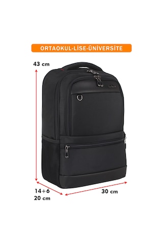 Körüklü Siyah Okul Sırt Çantası Lise Üniversite Unisex Su Geçirmez Kumaş 14"-15,6" İnç Siyah