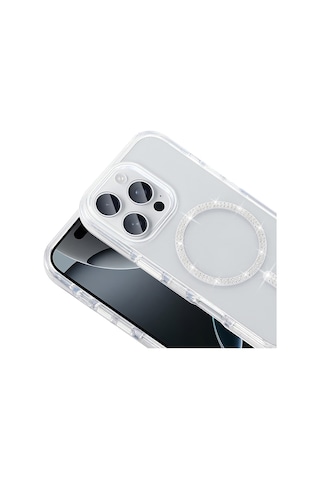 Apple Uyumlu iPhone 15 Pro Max Kılıf Taşlı Tasarım M-safe Şarj Özellikli Mkst Koment Silikon Kapak - Gümüş Gümüş