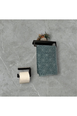 Dione Store 2li Banyo Seti, Metal Havlu Tutucu Ve Tuvalet Kağıtlığı, Havluluk, Tuvalet Kağıdı Tutucu Siyah