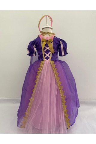 Rapunzel Uzun Kostüm 5-6 Yaş Taç, Tarlatan Ve Pelerin